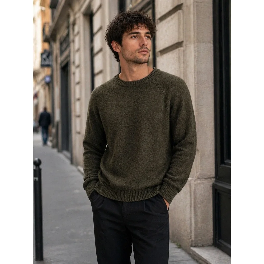 J. Crew Mens XL‎ Olive Green Lambswool Blend Raglan Crewneck Sweater Re-Imagined